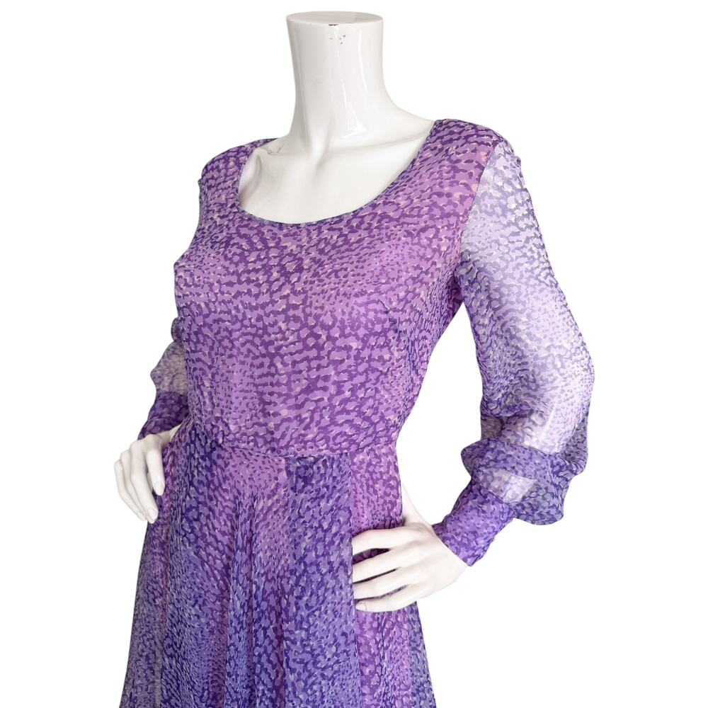 Vintage 70s Adele Simpson Purple Chiffon Fit n Flare Dress Cocktail Dress Small - Picture 2 of 6